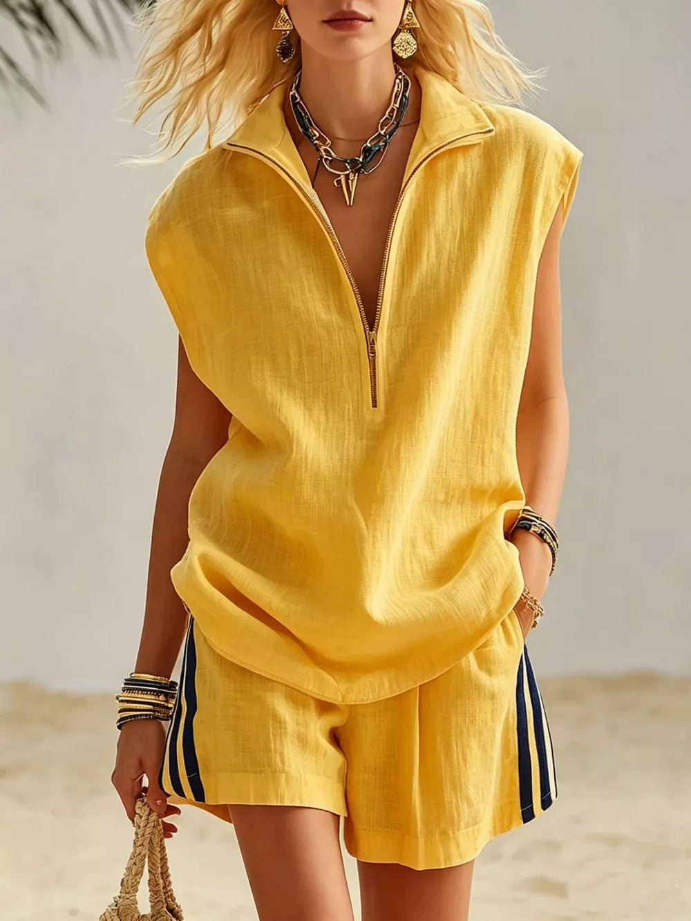Chic Zip-front Sleeveless Top & Pleated Shorts Set