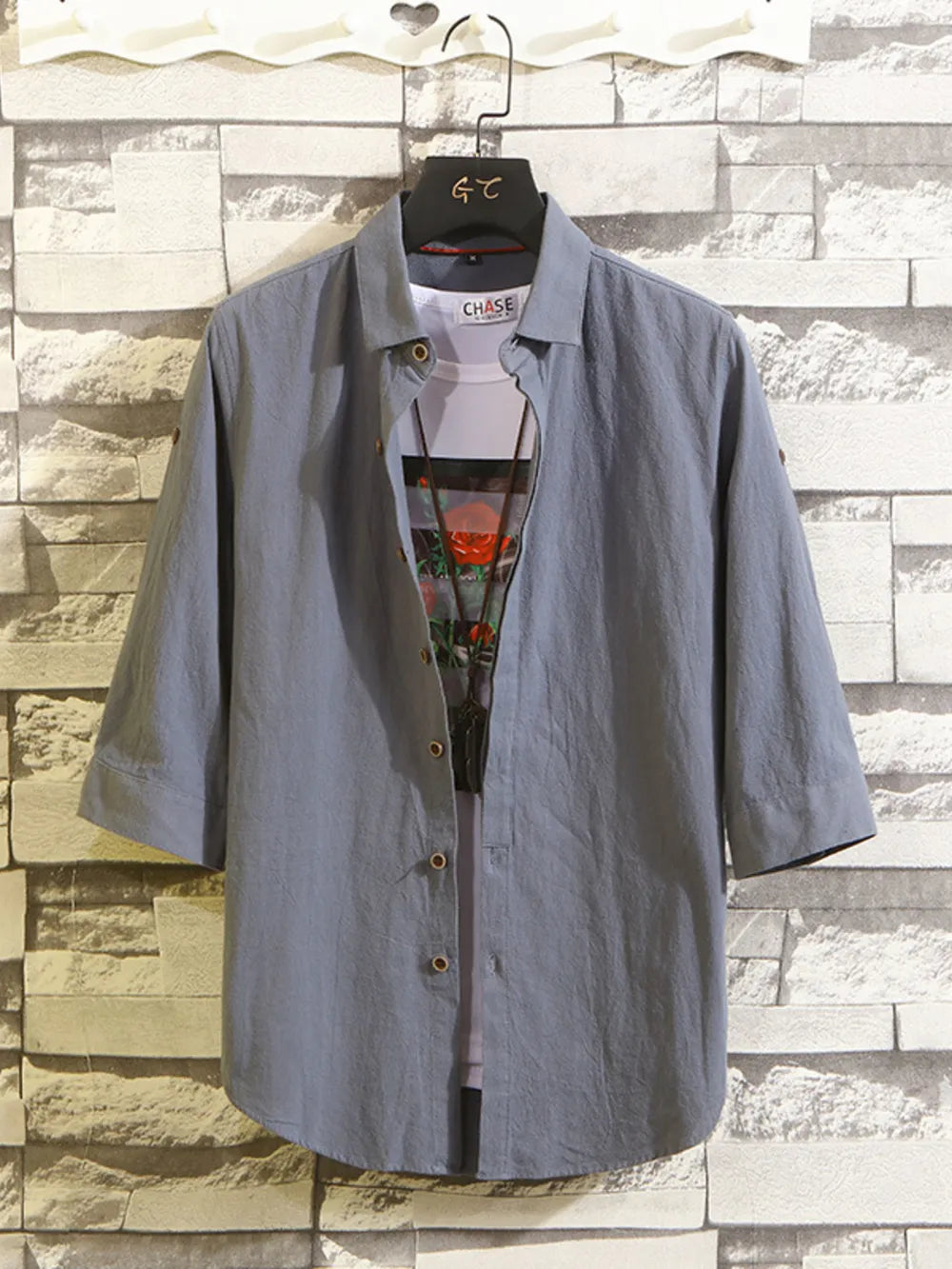 Men's Plus Size Button Up 3/4 Sleeve Shirt in Dark Gray, fabric detail