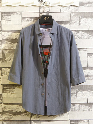 Men's Plus Size Button Up 3/4 Sleeve Shirt in Dark Gray, fabric detail