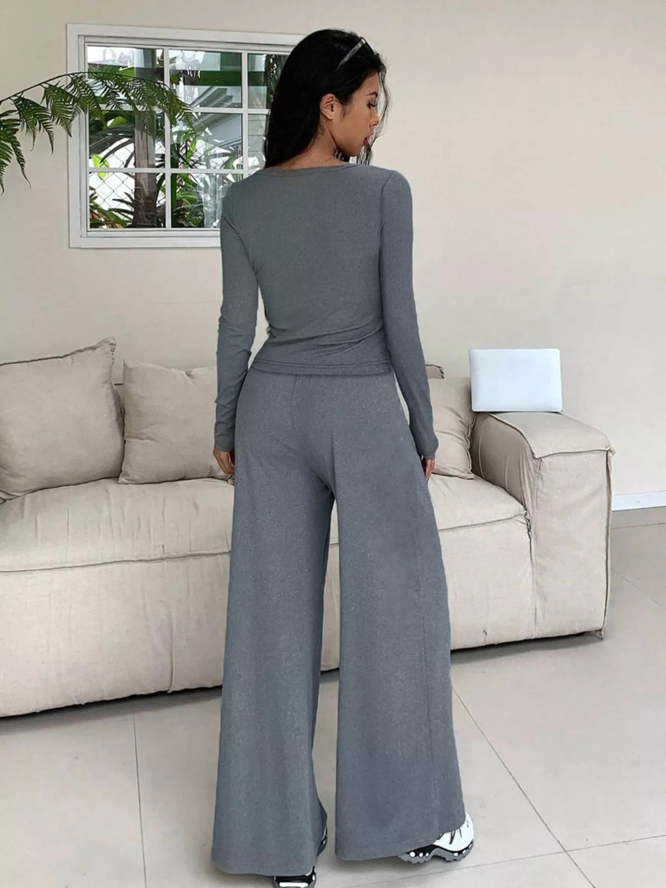 Gray long sleeve top and wide leg pants set, comfortable casual wear for women.