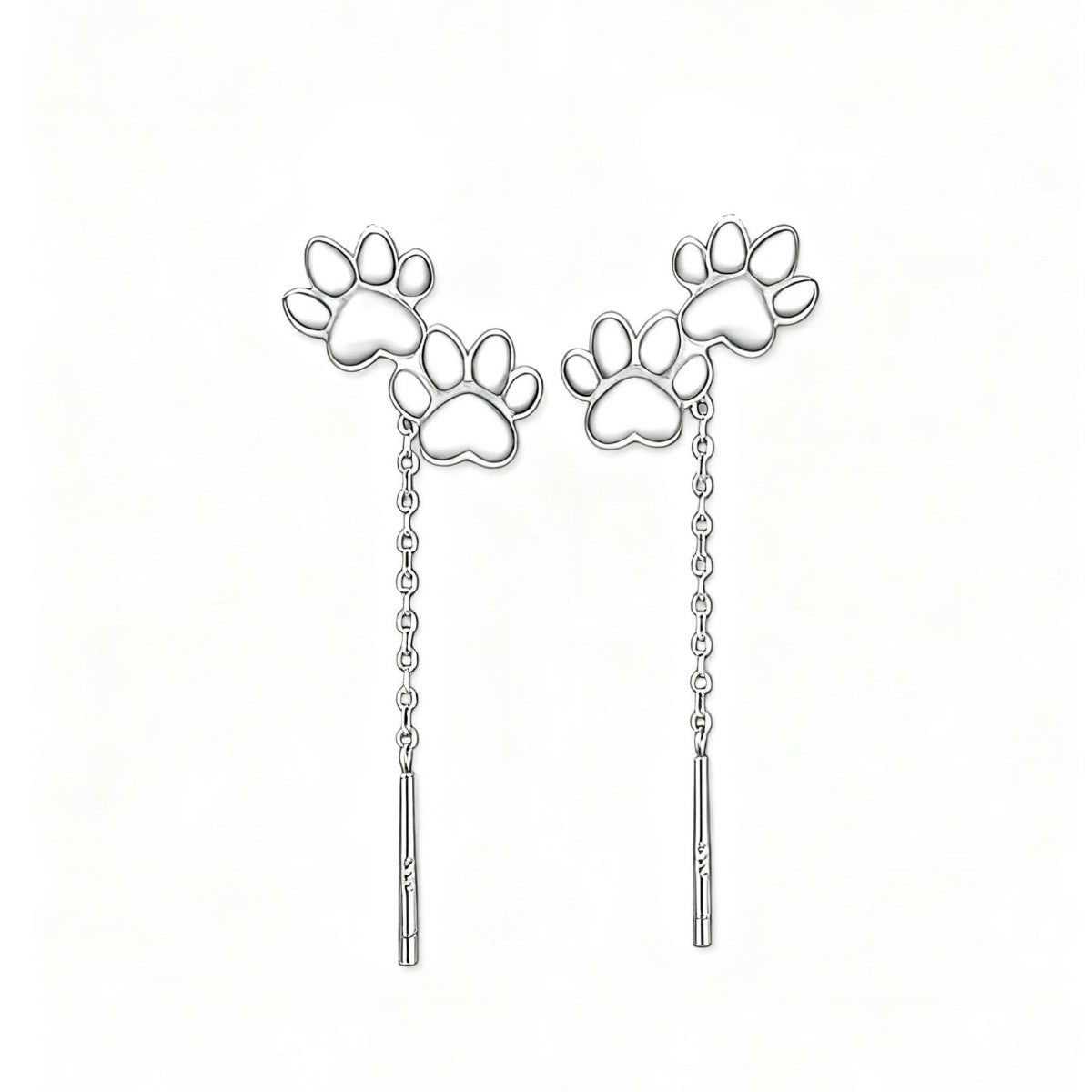 Silver paw print drop earrings with chain and bar detail