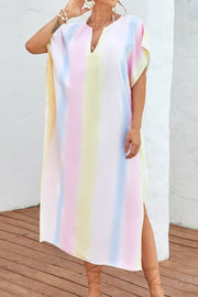 Multicolor striped kaftan dress with V-neck and side slits, perfect for beach or casual wear.