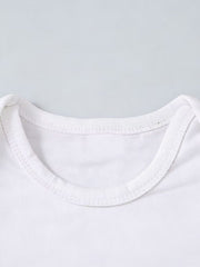 White baby bodysuit with a rounded neckline and contrast stitching.