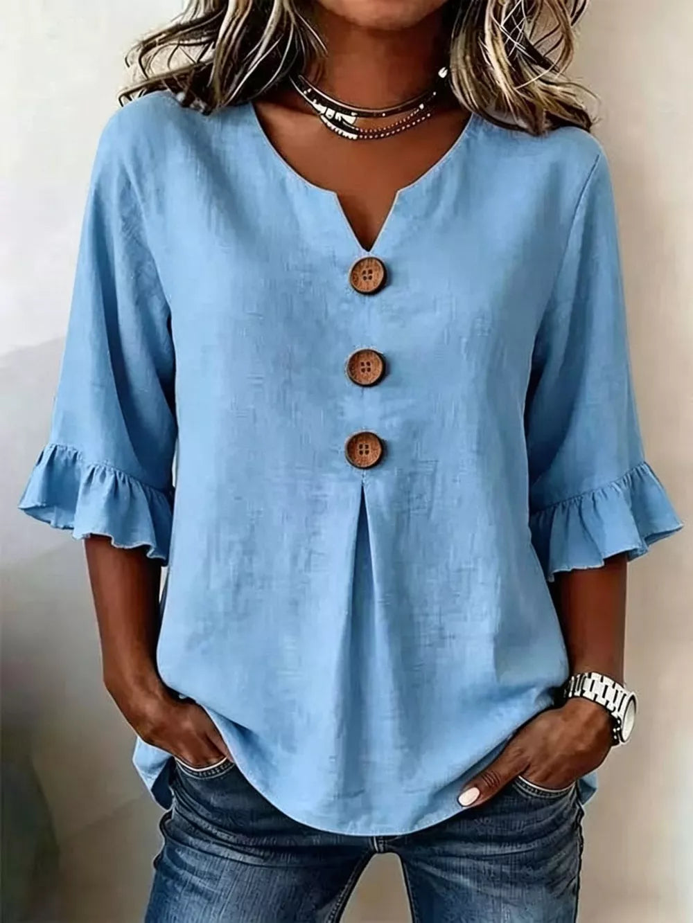 Casual Ruffle-sleeve Decor-button Top Plus Size in Burgundy, front view