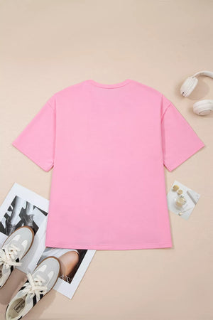 Solid Color Raw Edge Bow Patch Loose T Shirt in Pink, model styling view