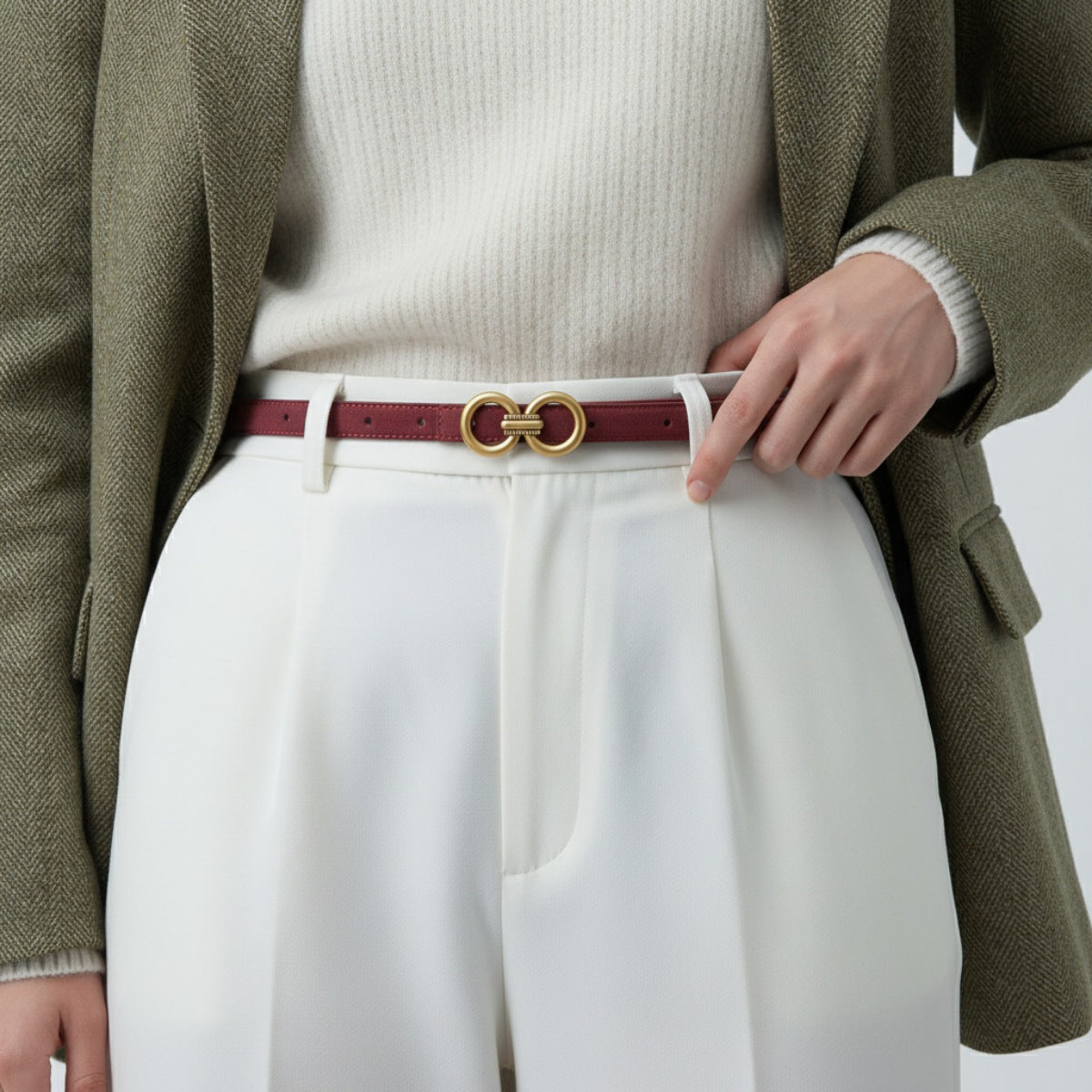 Red cowhide leather belt with double circle buckle and gold hardware