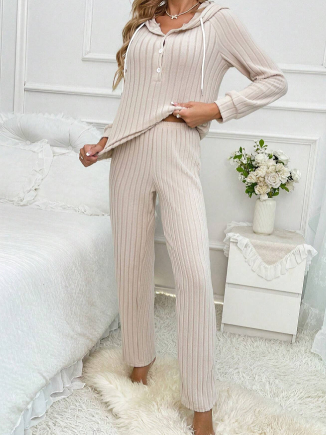 Ribbed knit henley lounge set in Dust Storm with drawstring hood and buttoned placket.