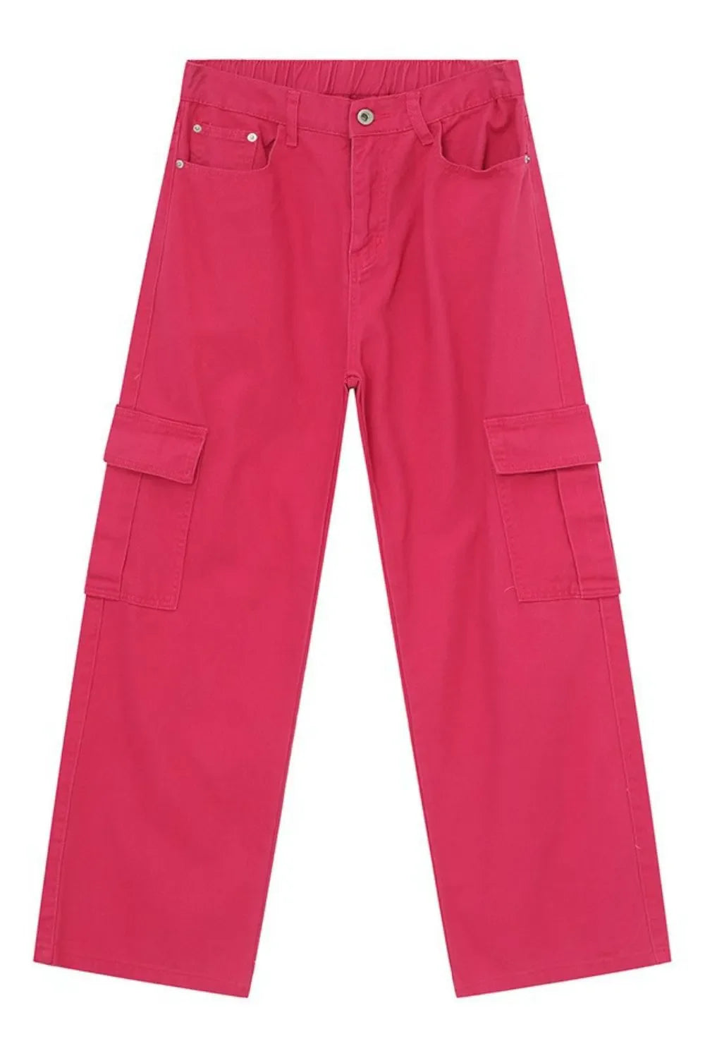 Hot Pink cargo pants with elastic waist and side pockets.