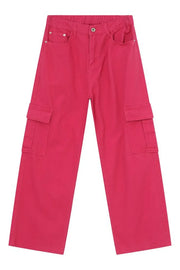 Hot Pink cargo pants with elastic waist and side pockets.