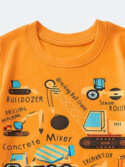 Orange cotton crew neck t-shirt with construction vehicle graphics and text.