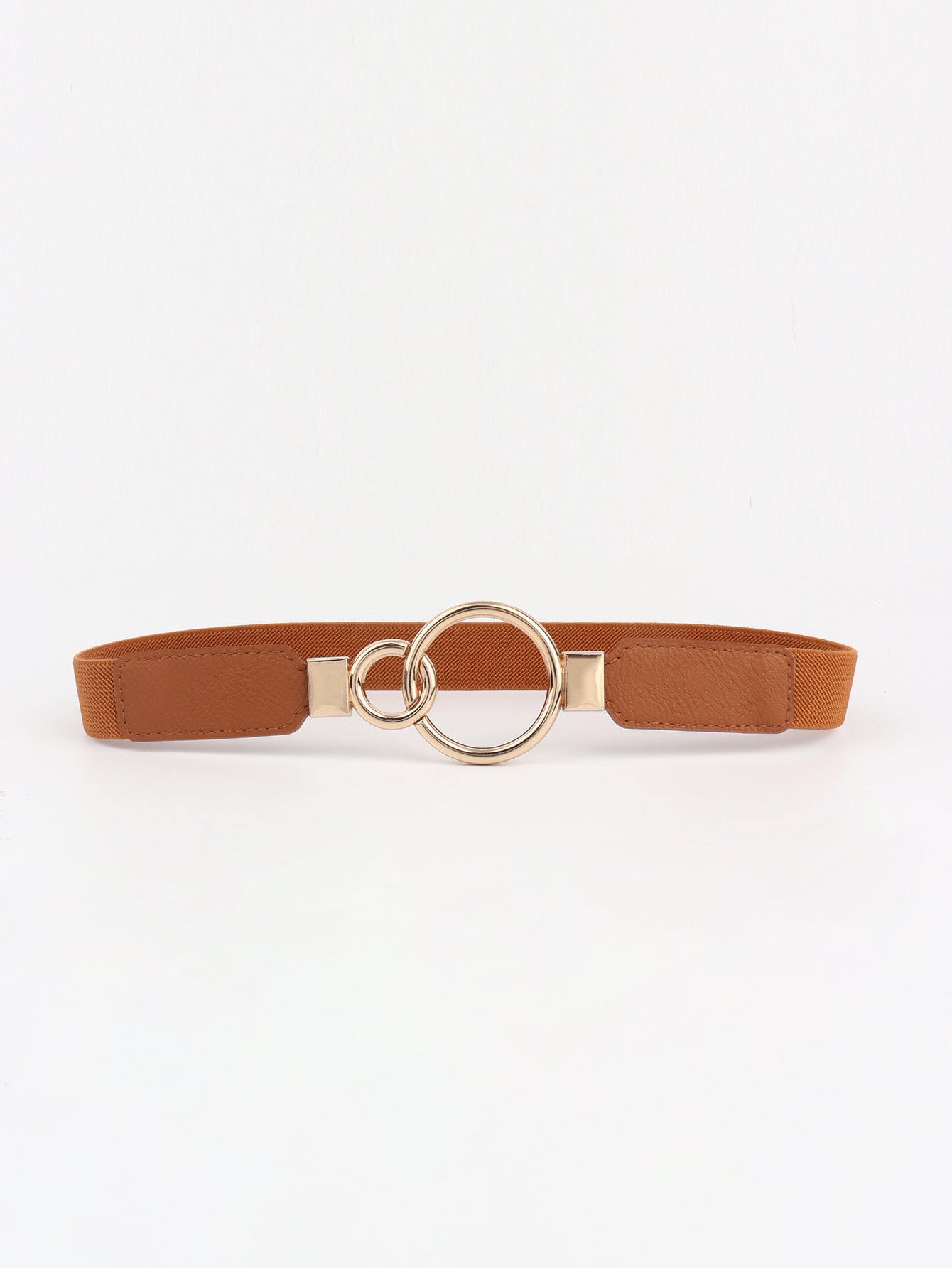 Tan elastic belt with interlocked gold rings and faux leather ends