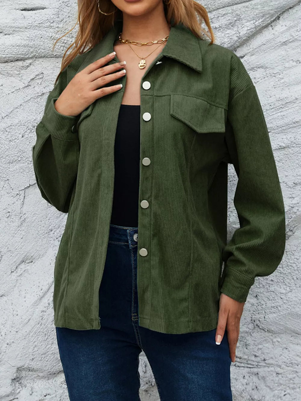 Corduroy Button-down Shirt With Chest Pockets in Moss, fabric detail