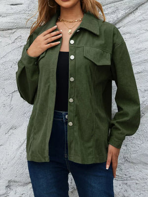 Corduroy Button-down Shirt With Chest Pockets in Moss, fabric detail