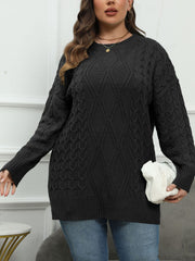 Black cable knit diamond stitch sweater with crew neck and long sleeves.