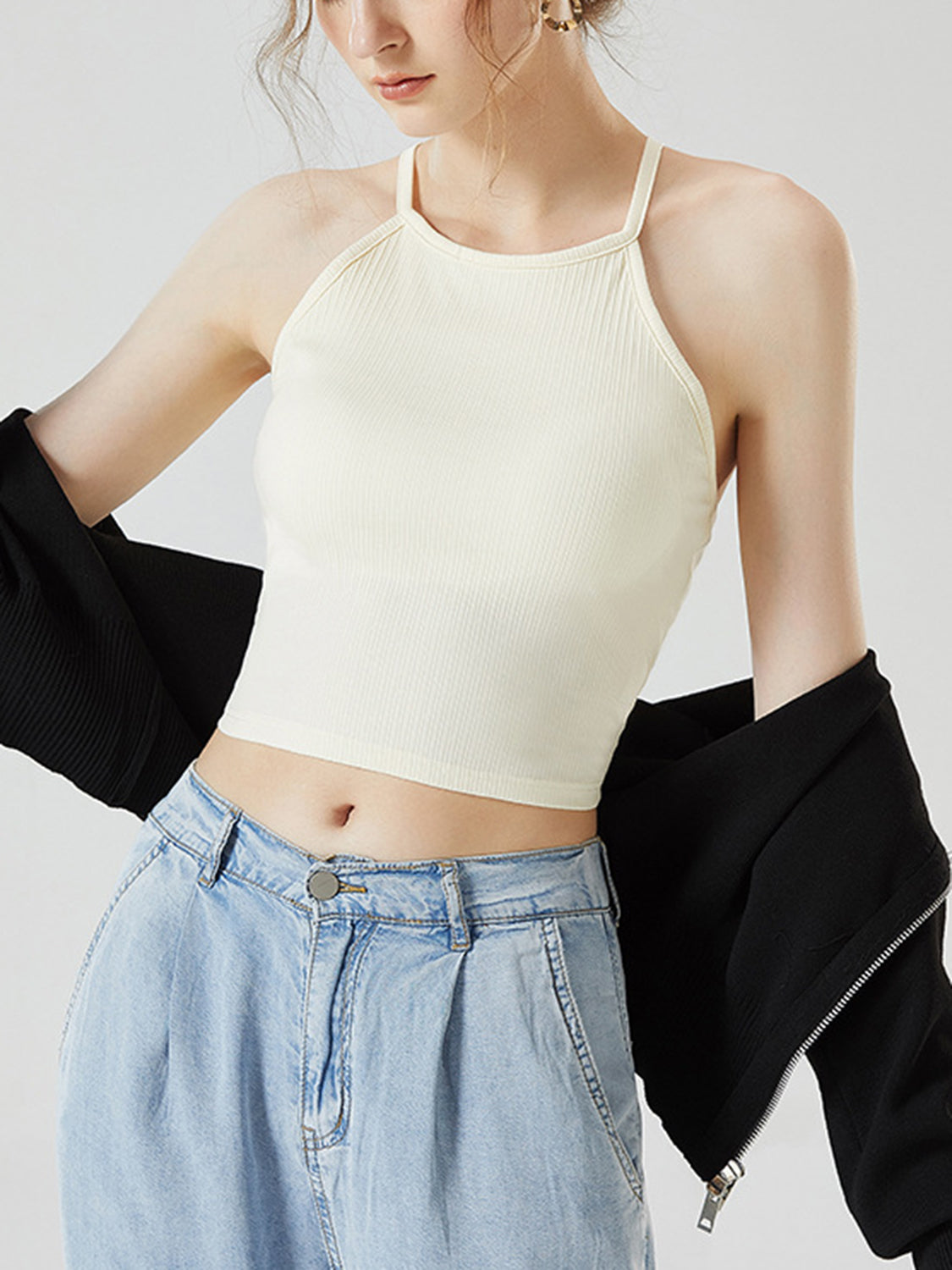 Ribbed racerback crop top, mustard, keyhole back