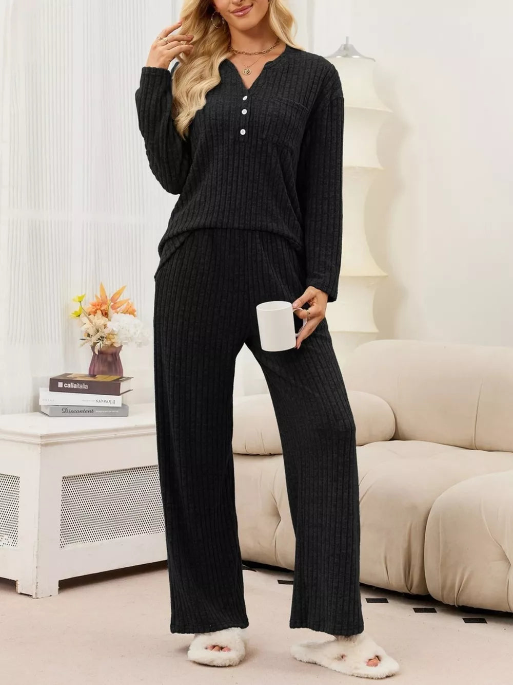 pajama set in Khaki with buttoned and hip-length, full-length