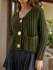 Chunky knit army green cardigan with statement buttons and pockets