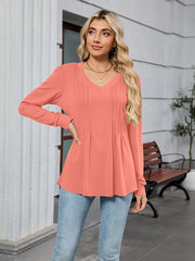 Elegant V-neck long sleeve maternity t-shirt in coral with pleated front detail