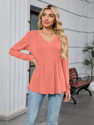 Elegant V-neck long sleeve maternity t-shirt in coral with pleated front detail