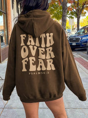 Dark brown graphic hoodie with "Faith Over Fear Psalm 56:3" text on back