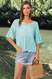 Aqua open-knit blouse with scalloped short sleeves and a boat neckline.