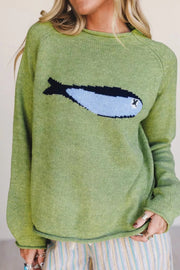 Stylized Fish Graphic Knit Sweater