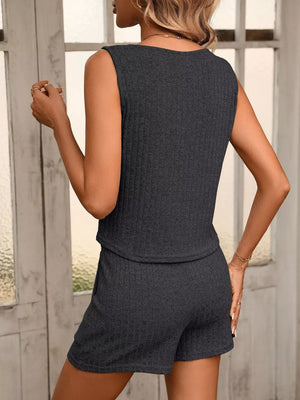 Textured V-neck tank and drawstring shorts set in gray.