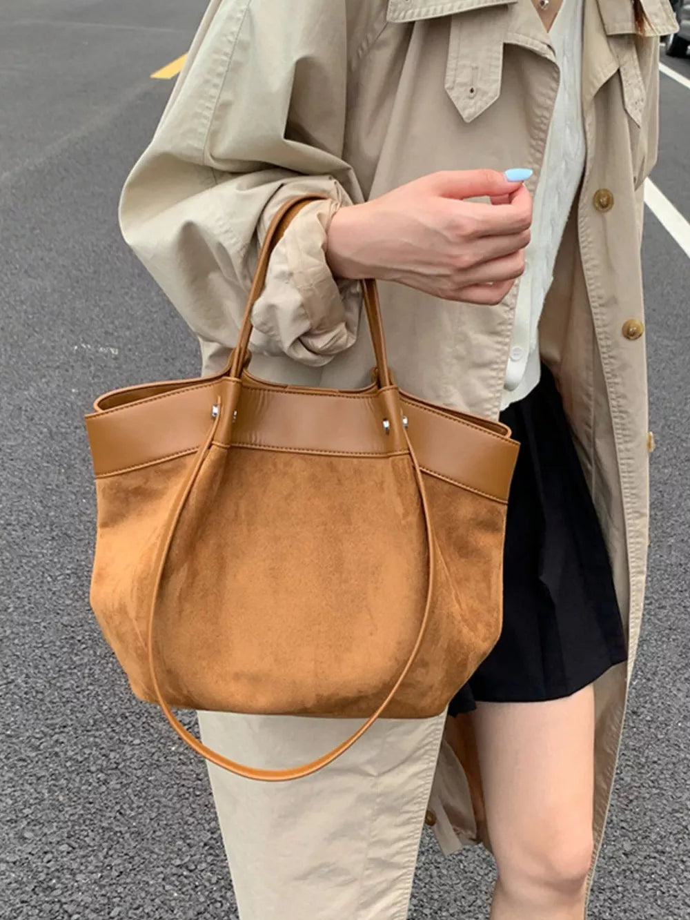 Suede And Leather Trim Shoulder Bag in Brown, close-up detail