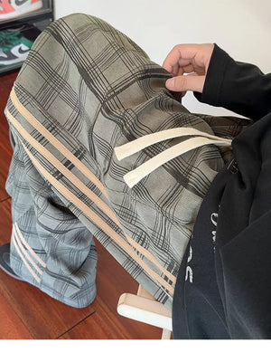 Men's Plaid Wide-leg Sweatpants With Side Stripes in Green, back view