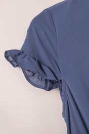Dusty blue mini dress with ruffled short sleeves and V-neck detail.