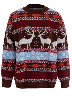 Brown acrylic knit sweater with Fair Isle reindeer and snowflake motif.