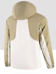 Khaki and white hooded outdoor jacket with colorblock detail.