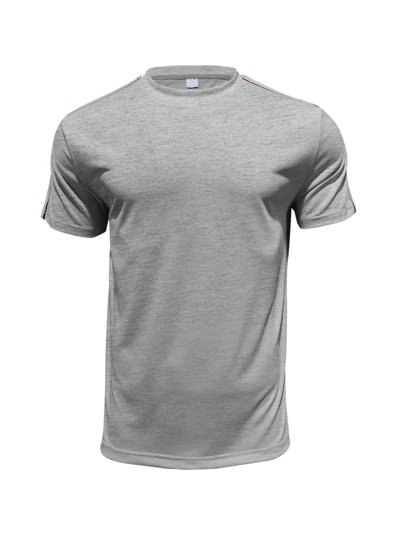 Men's light gray crew neck t-shirt with sporty shoulder stripes, cotton blend