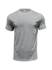 Men's light gray crew neck t-shirt with sporty shoulder stripes, cotton blend