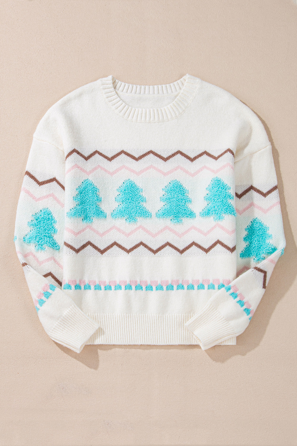 White acrylic knit sweater with a textured tree motif, zig-zag patterns, and crew neck.