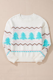 White acrylic knit sweater with a textured tree motif, zig-zag patterns, and crew neck.