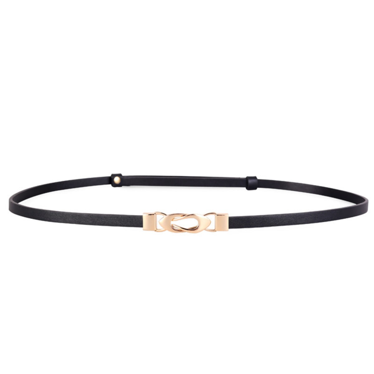 Black leather belt with interlocking gold buckle detail