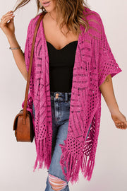 Hot Pink open knit chevron fringe cardigan with short sleeves and a relaxed fit.