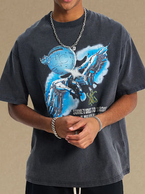 Washed black graphic tee with blue robot and text print.