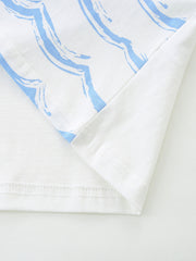 White cotton toddler t-shirt with blue abstract wave print and stitched hem.