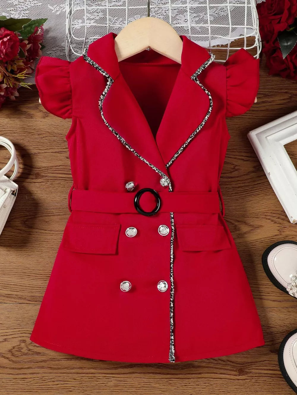 Red double-breasted toddler dress with belted waist and jeweled collar trim.