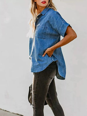 Denim button-front top in dark blue with short sleeves and a chest pocket.