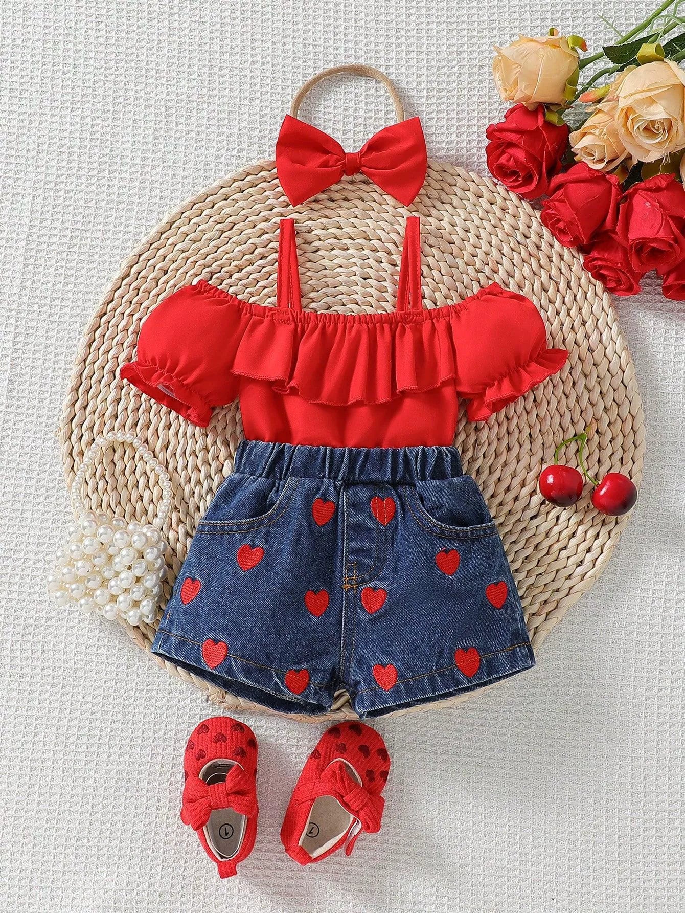 Red ruffled cold shoulder top and denim shorts with heart embroidery, includes red bow headband.