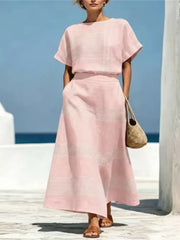 Full Size Striped Round Neck Top And Skirt Set, editorial view