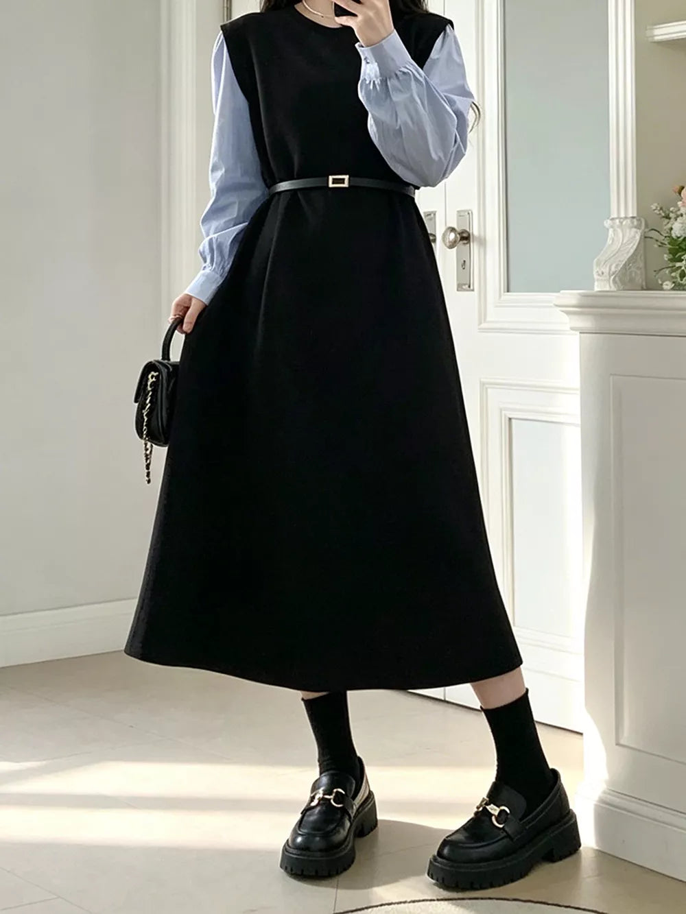 Contrast Sleeve A-line Dress With Belt, model styling view