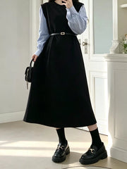 Contrast Sleeve A-line Dress With Belt, model styling view
