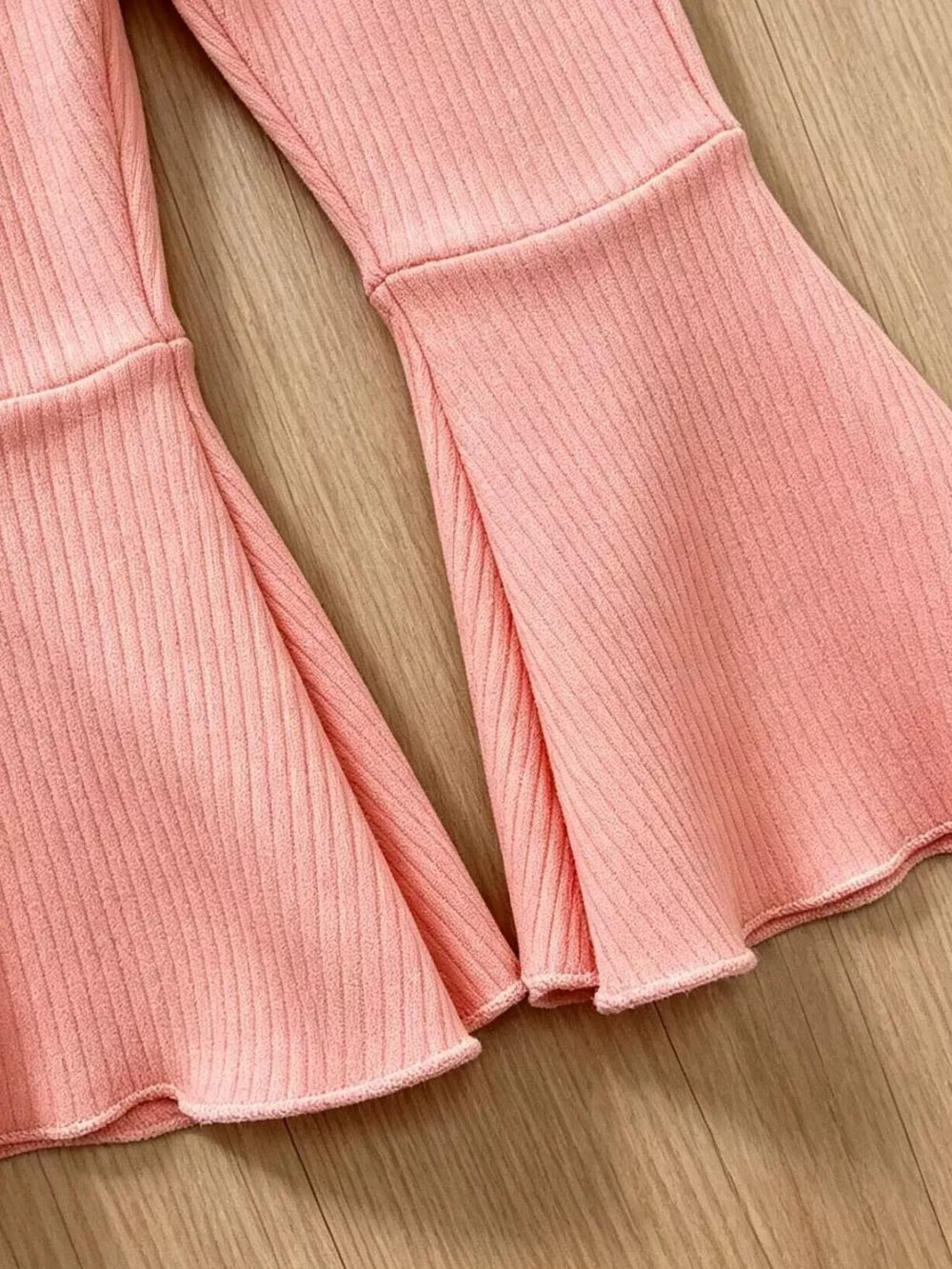 Children's Daisy Ruffled Ribbed Top & Flare Pants Set in Pink, fabric detail