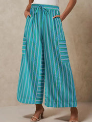 Coastal Stripe Cargo Culottes in Teal with drawstring waist and cargo pockets.