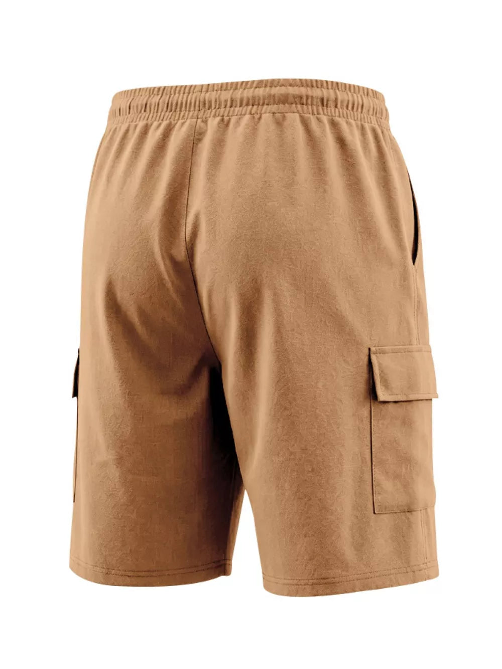 Apricot cargo shorts with drawstring waist and crinkled texture.