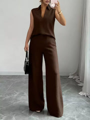 Chocolate sleeveless collared top and wide-leg pants set with V-neck.